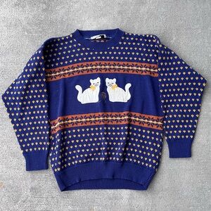 Vintage Jennifer adams navy cat kitten pattern sweater jumper top